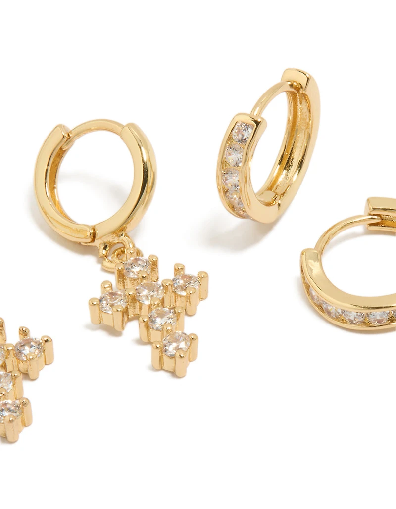 Gold Plated Brass Cubic Zirconia & Cross Huggie Earrings 2-Pack