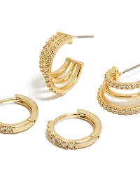 Gold Plated Cubic Zirconia Huggies & Illusion Hoop Earrings 2-Pack