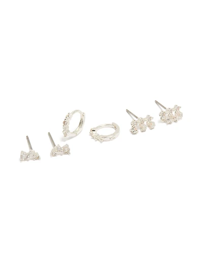 Boucles d'oreilles puces et créoles mini en argent plaqué et zircon cubique (lot de 3)