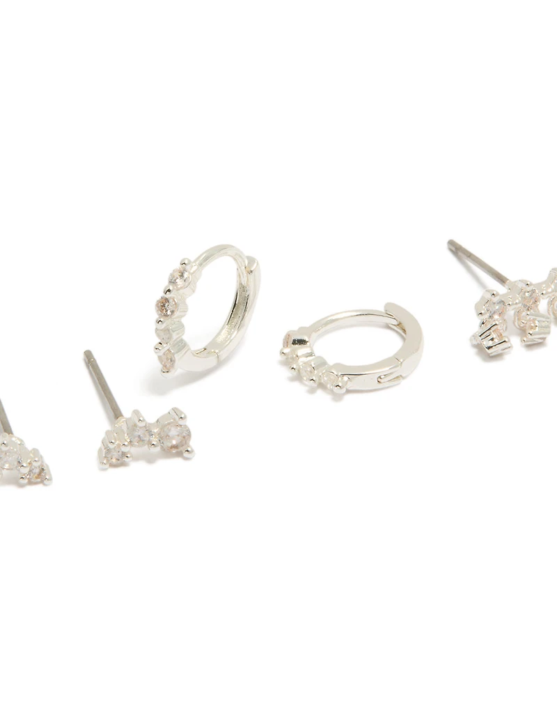 Silver Plated Cubic Zirconia Mini Trio Stud & Huggie Earrings 3-Pack