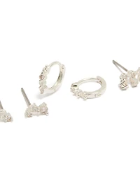 Silver Plated Cubic Zirconia Mini Trio Stud & Huggie Earrings 3-Pack