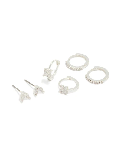 Silver Plated Flower Huggie & Leaf Stud Earrings 3-Pack