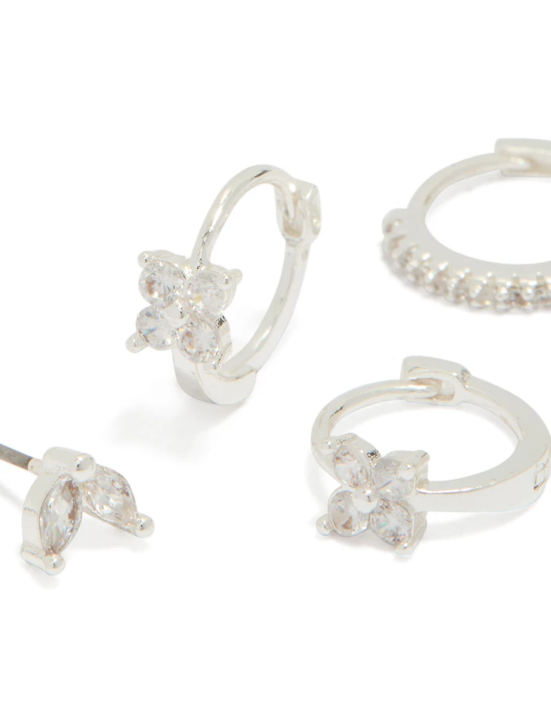 Silver Plated Flower Huggie & Leaf Stud Earrings 3-Pack