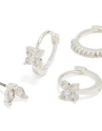 Silver Plated Flower Huggie & Leaf Stud Earrings 3-Pack