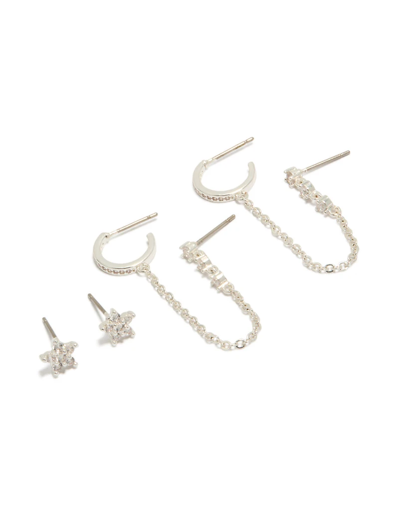 Silver Plated Cubic Zirconia Floral & Chain Mini Earrings Pack