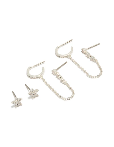 Silver Plated Cubic Zirconia Floral & Chain Mini Earrings Pack