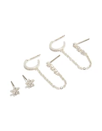 Silver Plated Cubic Zirconia Floral & Chain Mini Earrings Pack