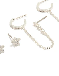 Silver Plated Cubic Zirconia Floral & Chain Mini Earrings Pack