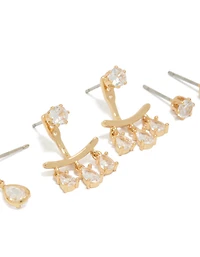 Gold Plated Cubic Zirconia  Pear & Ear Jacket Studs 3-Pack