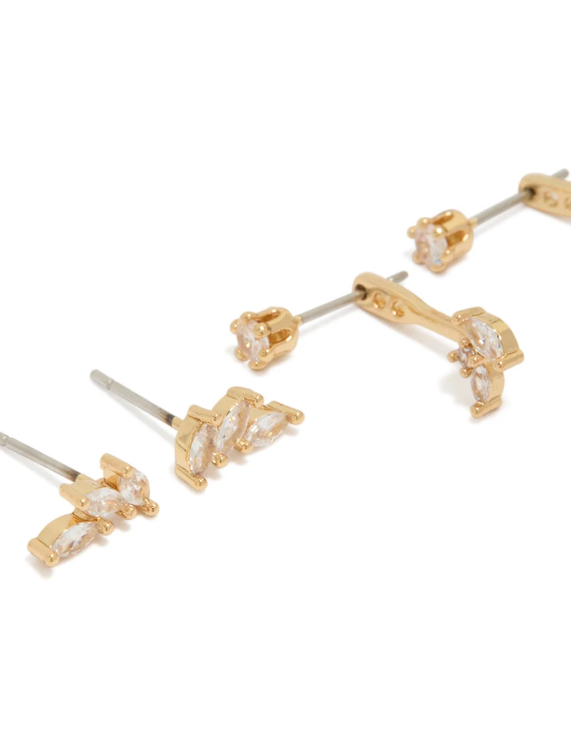 Gold Plated Cubic Zirconia Vine & Ear Jacket Studs 3-Pack