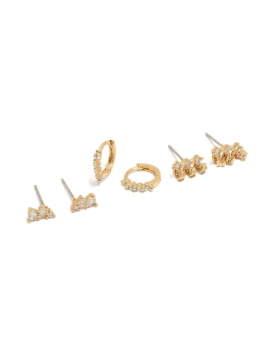 Gold Plated Cubic Zirconia Trio Studs & Huggie Earrings 3-Pack