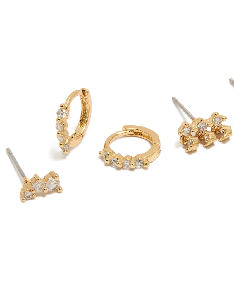 Gold Plated Cubic Zirconia Trio Studs & Huggie Earrings 3-Pack
