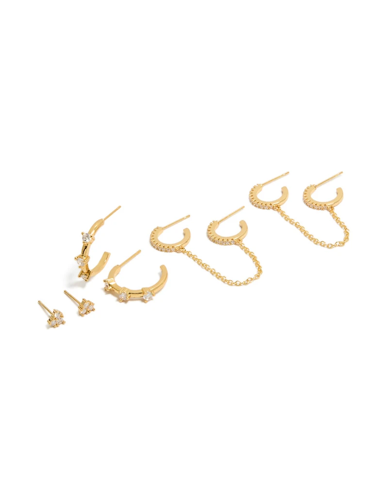 Gold Plated Cubic Zirconia Studs & Hoop Earrings 4-Pack