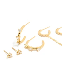Gold Plated Cubic Zirconia  Studs & Hoop Earrings 4-Pack
