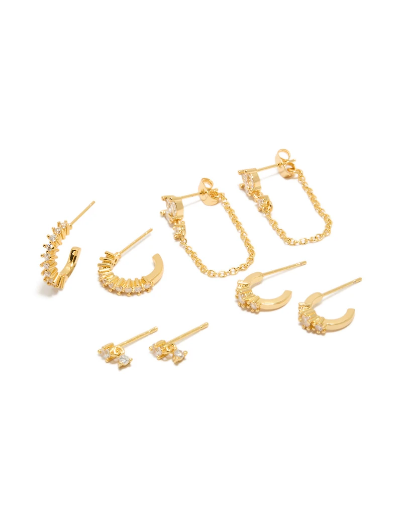 Gold Plated Cubic Zirconia Trio Marquise Chain & Hoop Earrings 4-Pack