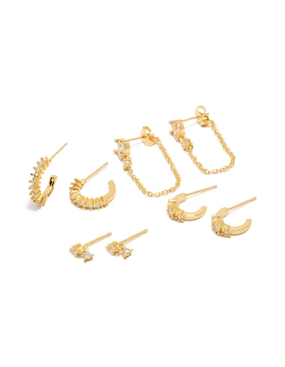 Gold Plated Cubic Zirconia Trio Marquise Chain & Hoop Earrings 4-Pack