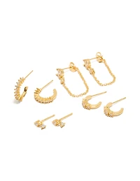 Gold Plated Cubic Zirconia Trio Marquise Chain & Hoop Earrings 4-Pack