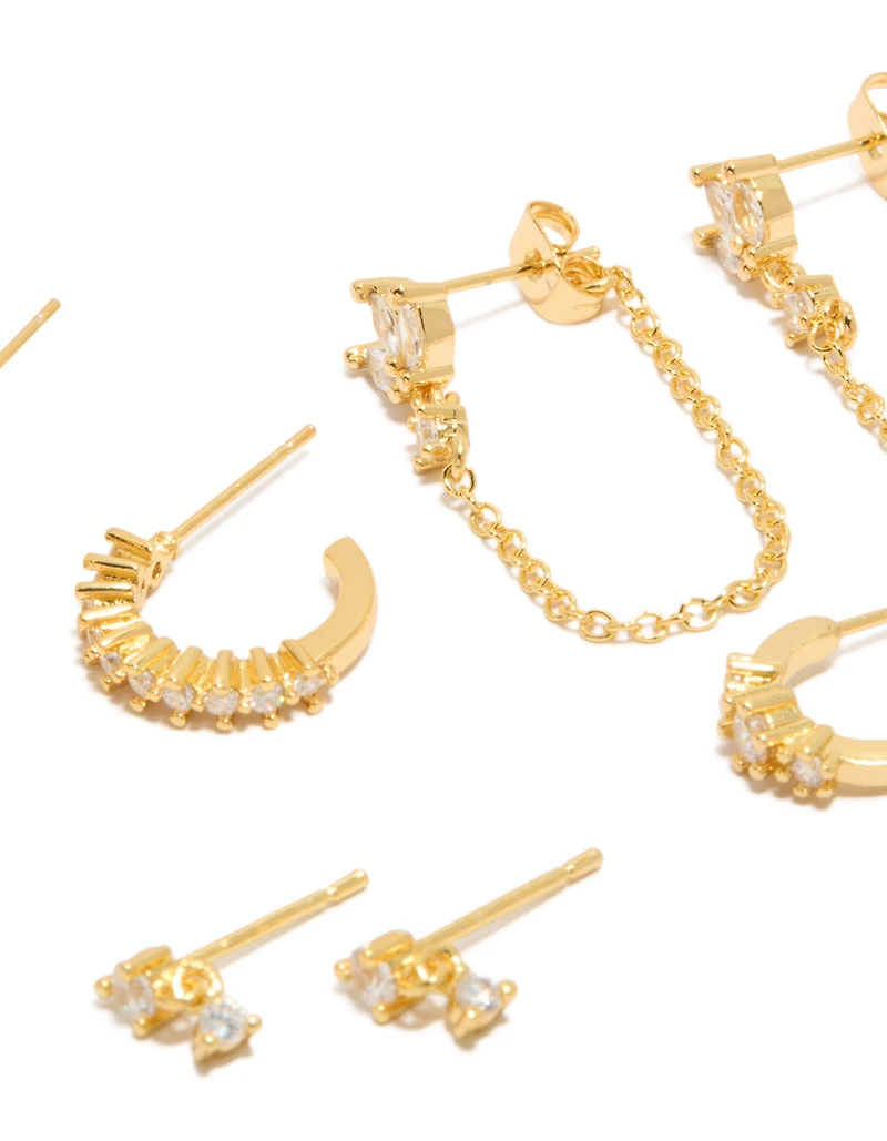 Gold Plated Cubic Zirconia Trio Marquise Chain & Hoop Earrings 4-Pack