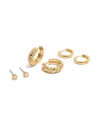 Gold Plated Cubic Zirconia Twist Mini Huggie & Stud Earrings 3-Pack
