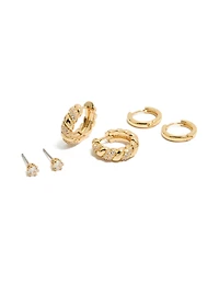 Gold Plated Cubic Zirconia Twist Mini Huggie & Stud Earrings 3-Pack