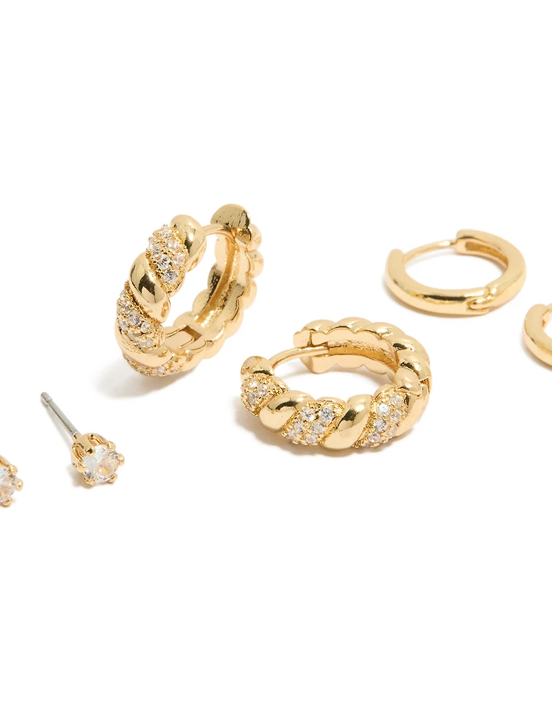 Gold Plated Cubic Zirconia Twist Mini Huggie & Stud Earrings 3-Pack