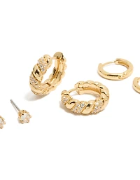 Gold Plated Cubic Zirconia Twist Mini Huggie & Stud Earrings 3-Pack