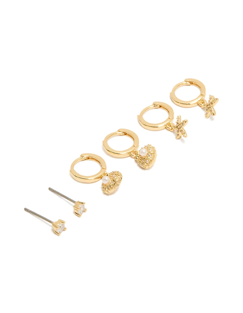 Gold Plated Cubic Zirconia Studs & Mini Starfish Huggie Earrings 3-Pack
