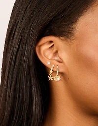 Gold Plated Cubic Zirconia Studs & Mini Starfish Huggie Earrings 3-Pack