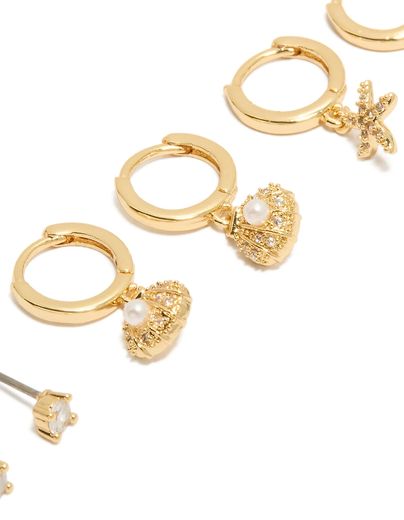 Gold Plated Cubic Zirconia Studs & Mini Starfish Huggie Earrings 3-Pack