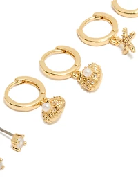 Gold Plated Cubic Zirconia Studs & Mini Starfish Huggie Earrings 3-Pack