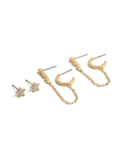 Gold Plated Mini Floral Chain & Stud Earrings 3-Pack