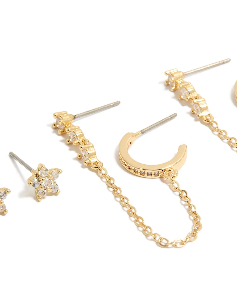 Gold Plated Mini Floral Chain & Stud Earrings 3-Pack