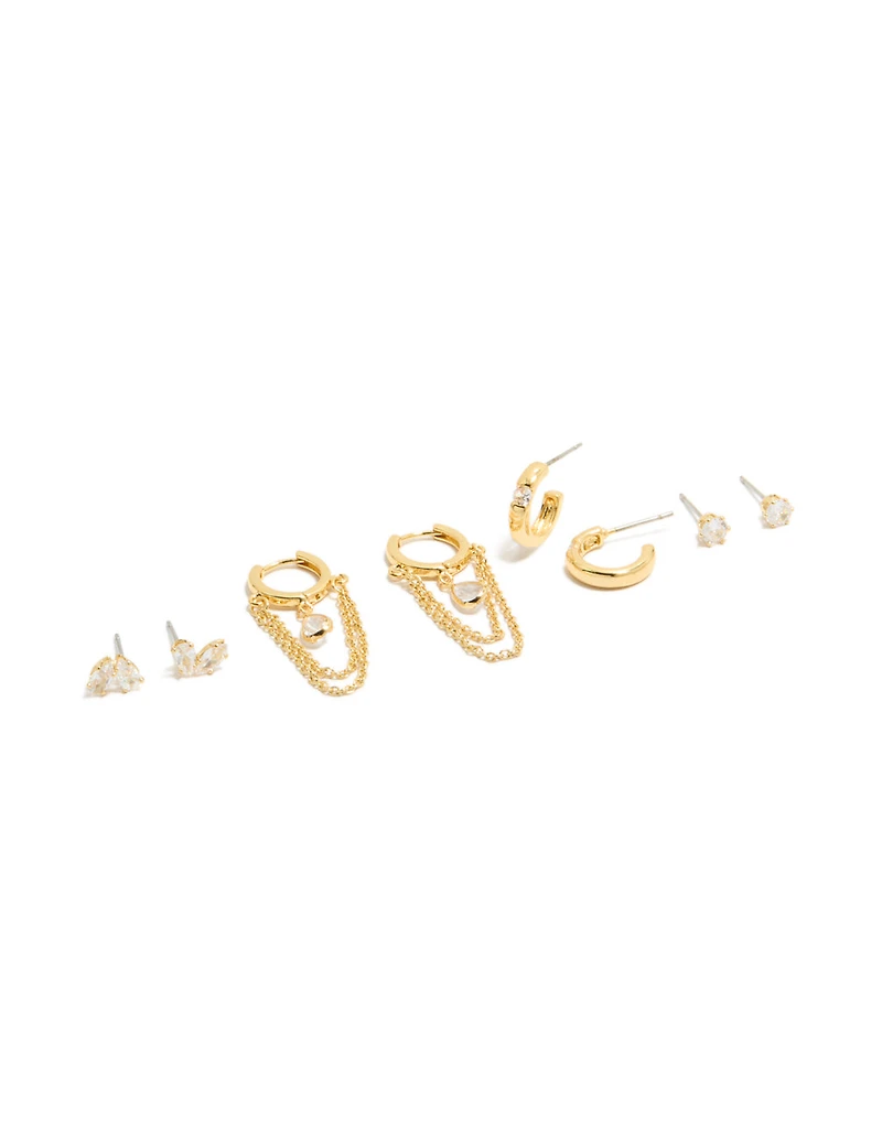 Gold Plated Double Chain Huggie & Stud Earrings 4-Pack