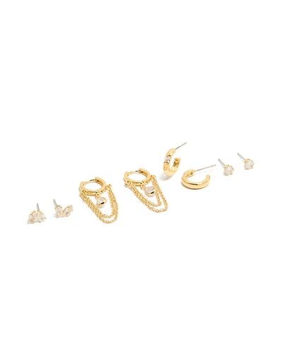 Gold Plated Double Chain Huggie & Stud Earrings 4-Pack