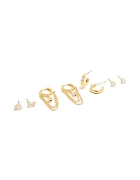 Gold Plated Double Chain Huggie & Stud Earrings 4-Pack