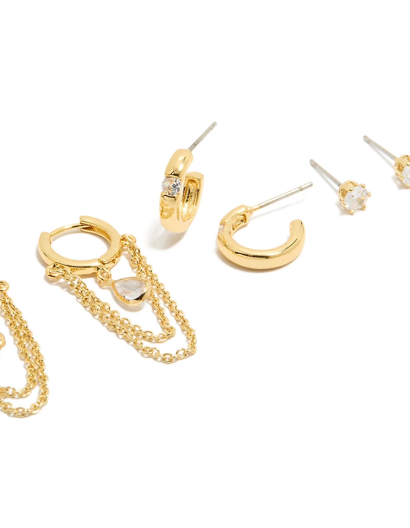 Gold Plated Double Chain Huggie & Stud Earrings 4-Pack