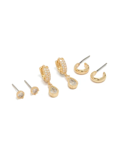 Gold Plated Cubic Zirconia Pear Huggie & Stud Earrings 3-Pack