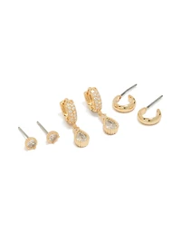 Gold Plated Cubic Zirconia Pear Huggie & Stud Earrings 3-Pack