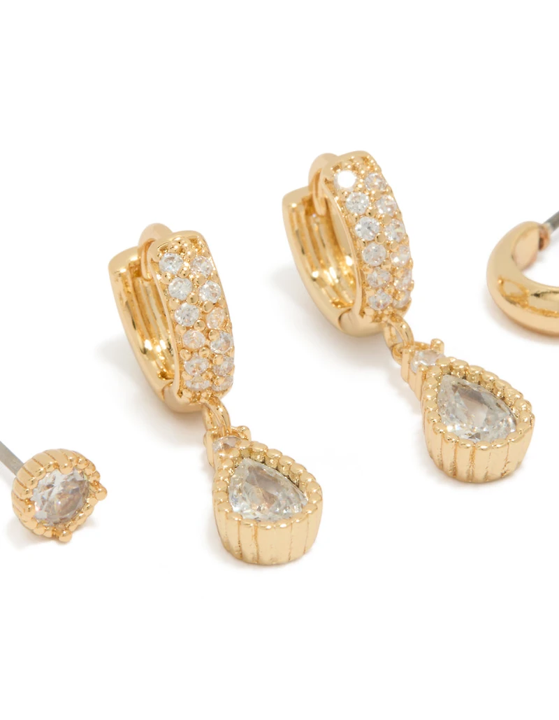Gold Plated Cubic Zirconia Pear Huggie & Stud Earrings 3-Pack