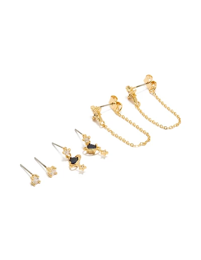 Gold Plated Cubic Zirconia Celestial Chain & Mini Stud Earrings 3-Pack