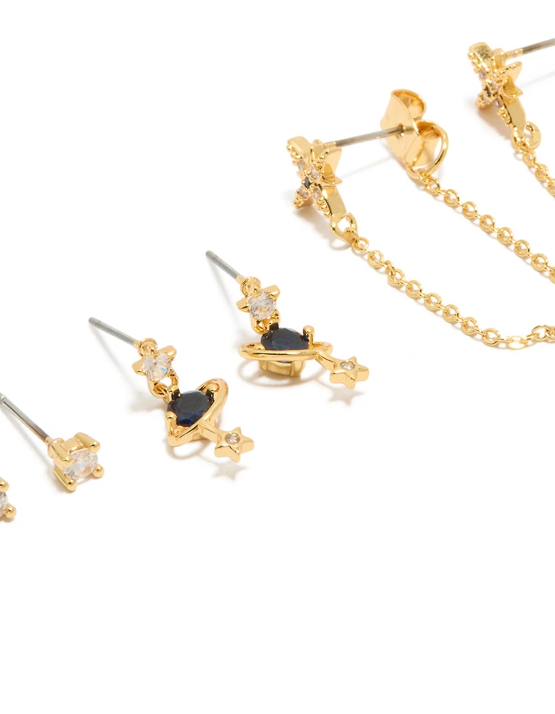 Gold Plated Cubic Zirconia Celestial Chain & Mini Stud Earrings 3-Pack