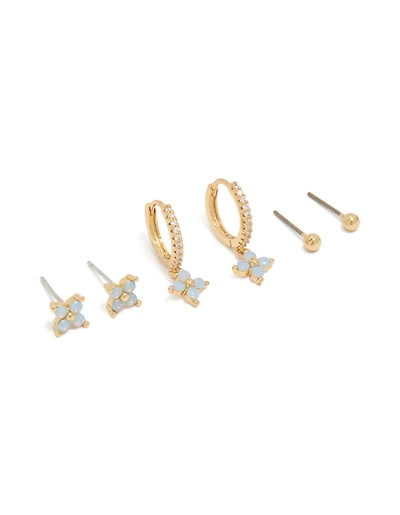 Gold Plated Blue Flower Stud & Huggie Earrings 3-Pack