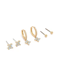 Gold Plated Blue Flower Stud & Huggie Earrings 3-Pack