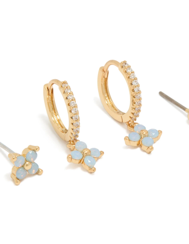 Boucles d'oreilles puces et créoles plaquées or à motif fleur bleue (lot de 3)