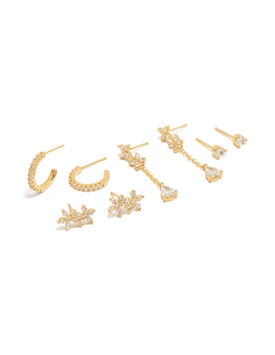 Gold Plated Cubic Zirconia Flower Studs & Chain Drop Earrings 4-Pack