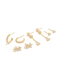 Gold Plated Cubic Zirconia Flower Studs & Chain Drop Earrings 4-Pack
