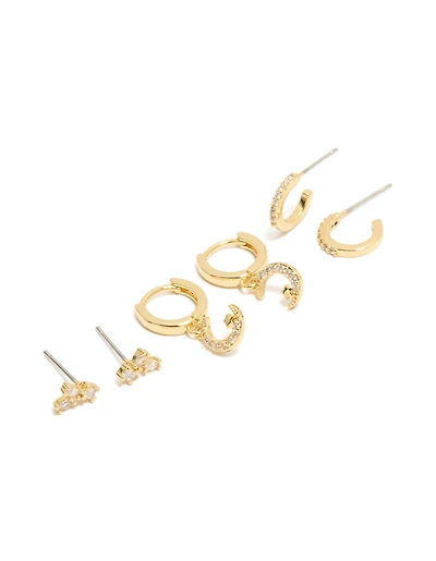Gold Plated Cubic Zirconia & Crescent Moon Hoop Earrings 3-Pack