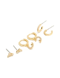 Gold Plated Cubic Zirconia & Crescent Moon Hoop Earrings 3-Pack