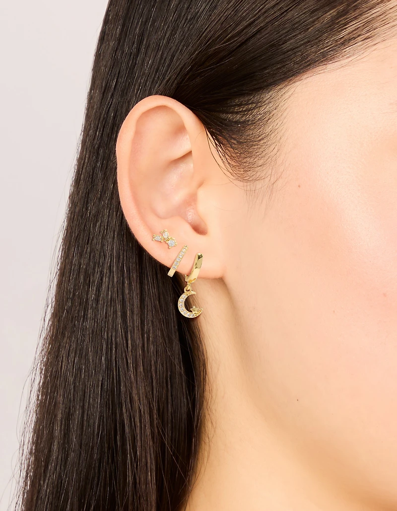 Gold Plated Cubic Zirconia & Crescent Moon Hoop Earrings 3-Pack
