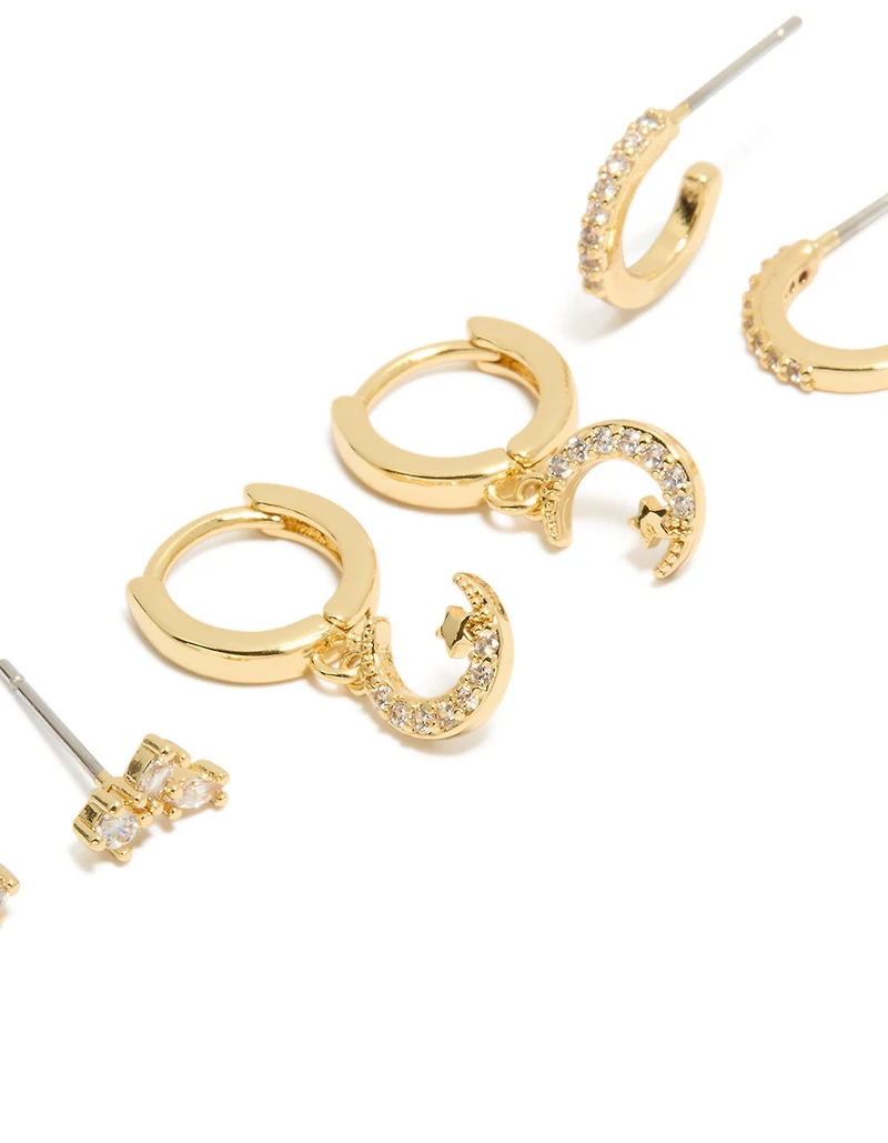 Gold Plated Cubic Zirconia & Crescent Moon Hoop Earrings 3-Pack